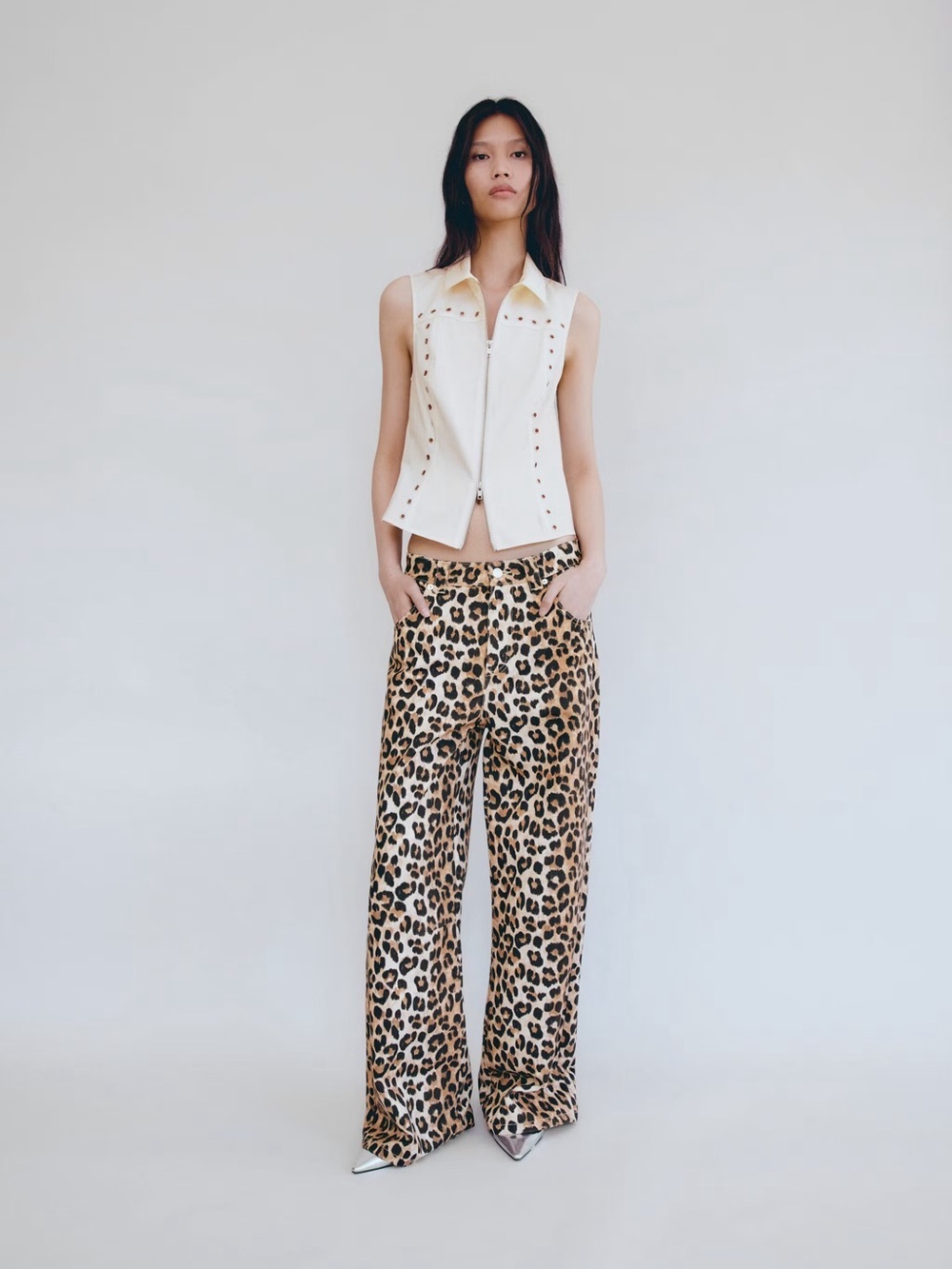 Mango Leopard-Print Wide-Leg Pants in Cream & Brown NWT